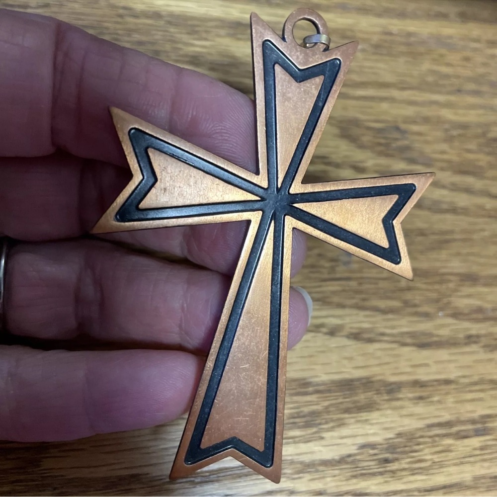 Large Vintage Native Copper Cross Pendant Black Enamel Large 3 1/4" by 2 1/4"